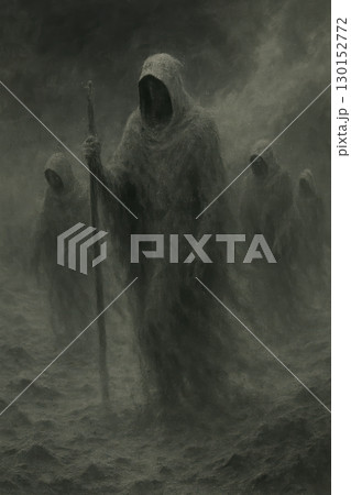 Mysterious hooded figures walking through a misty landscape 130152772