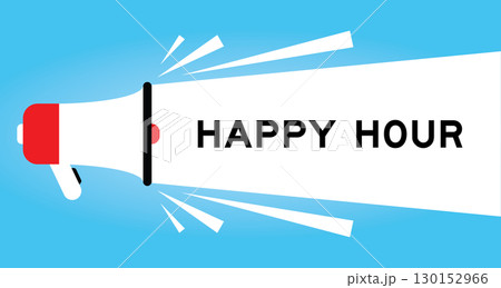 Color megaphone icon with word happy hour in white banner on blue background Color megaphone icon with word happy hour in white banner on blue background 130152966