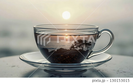 Sunrise reflected in a teacup a moment of serenity. A clear glass cup filled with an optical reconstruction of a seascape. 130153015