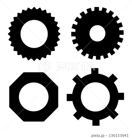 Set of black gear and cogwheel icons in different shapes. Simple vector illustration for mechanical, industrial, engineering, and machinery design concepts. 130153041