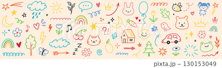 Kid icon hand drawn set. Cute flower, heart, cloud and tree icon with playful kid sketch style. Summer hand drawn pattern cartoon bird, doll, house and sweet plant element. Vector Kid icon hand drawn set. Cute flower, heart, cloud and tree icon with playful kid sketch style. Summer hand drawn pattern cartoon bird, doll, house and sweet plant element. Vector 130153049