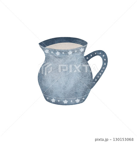 A watercolor illustration of a dusty blue ceramic creamer pitcher designed for serving cream with coffee, set against a white background. Its elegant shape and soft color add a touch of sophistication 130153068
