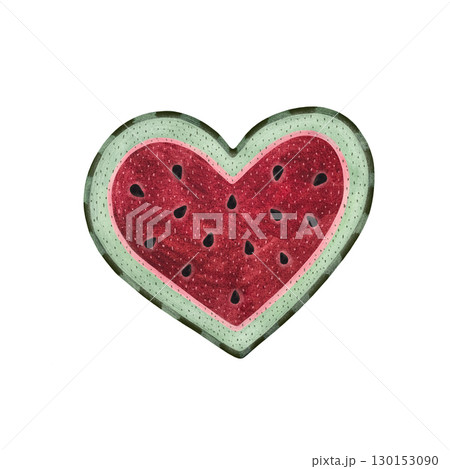 A watercolor illustration of a heart-shaped watermelon slice with a green striped rind, juicy pink flesh, and black seeds on a white background. This charming and vibrant artwork is perfect for summer A watercolor illustration of a heart-shaped watermelon slice with a green striped rind, juicy pink flesh, and black seeds on a white background. This charming and vibrant artwork is perfect for summer 130153090