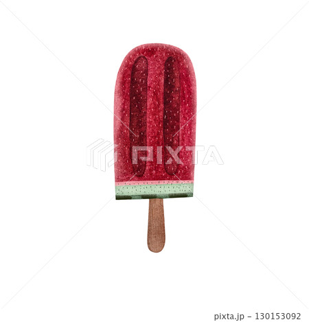 A watercolor illustration of a fruit watermelon popsicle ice-cream on a stick against a white background. This vibrant and refreshing artwork captures the juicy texture and summer vibe, perfect for 130153092