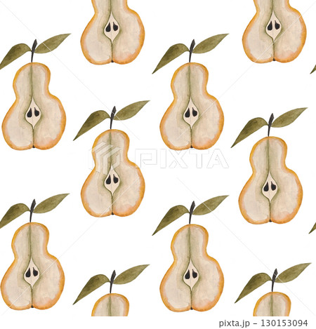 Seamless watercolor pattern featuring pear halves with a leaf and seeds on a white background. Fresh and charming, perfect for autumn themes, healthy eating designs, and food-related projects. Hand 130153094