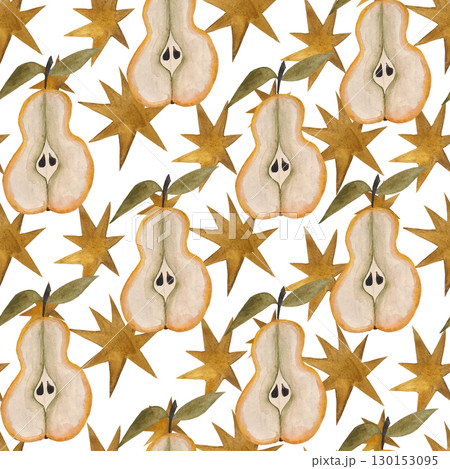 Seamless watercolor pattern featuring pear halves with leaves and seeds, interspersed with yellow asymmetrical stars, all on a white background. Whimsical and charming, perfect for children's designs 130153095