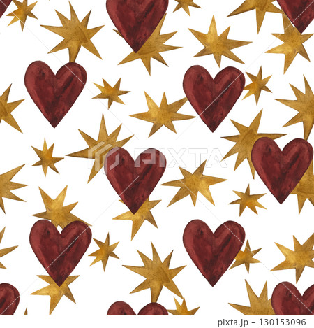 Seamless watercolor pattern of yellow stars and red hearts on a white background. Cheerful and playful, perfect for children's designs, Valentine's Day, and whimsical themes. Hand-painted with a 130153096