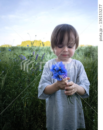 Beautiful little boy in flowers. A cute child in nature with flowers in her hands 130153277
