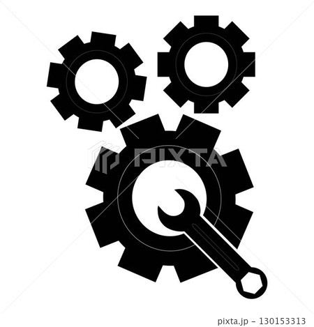 Set of wrench and gear icons in black silhouette style. Vector illustration representing mechanical tools, repair, engineering, industrial design, and machinery concept. 130153313