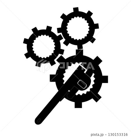 Set of wrench and gear icons in black silhouette style. Vector illustration representing mechanical tools, repair, engineering, industrial design, and machinery concept. 130153316