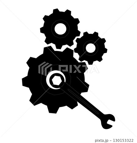 Set of wrench and gear icons in black silhouette style. Vector illustration representing mechanical tools, repair, engineering, industrial design, and machinery concept. 130153322