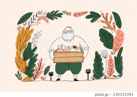 A man proudly carries a wooden crate brimming with newly harvested potatoes and onions amidst the vibrant colors of fall foliage in a garden 130153391