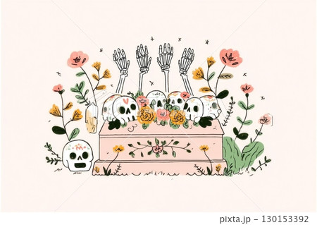 Hands delicately arrange vibrant marigold flowers and colorful sugar skulls on a beautifully ornate altar, honoring the Day of the Dead during the autumn season, surrounded by candles 130153392
