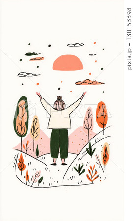 A person stands with arms raised, enjoying a vibrant autumn sunset. Colorful trees and hills surround them, creating a serene atmosphere filled with fall hues 130153398