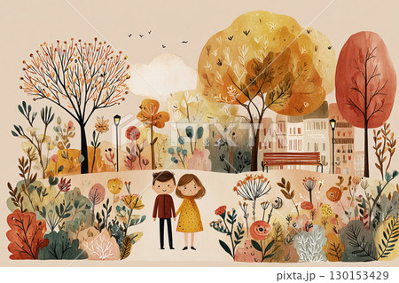A couple strolls hand in hand through a picturesque park adorned with autumn leaves and blooming flowers, enjoying the crisp air and vibrant colors of fall 130153429