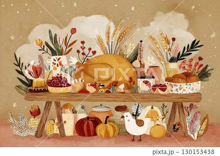 An outdoor buffet on a wooden table features seasonal dishes like roasted turkey, fruits, and autumn decor, making it ideal for fall gatherings 130153438
