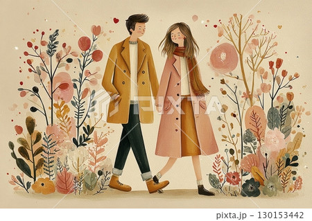 A young couple walks side by side through a tranquil park filled with autumn colors. They share their joy, surrounded by trees and blooming flowers, creating a serene atmosphere of fall A young couple walks side by side through a tranquil park filled with autumn colors. They share their joy, surrounded by trees and blooming flowers, creating a serene atmosphere of fall 130153442