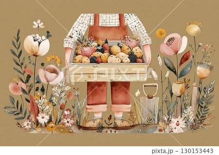 A man holds a wooden crate filled with freshly dug potatoes and onions, surrounded by the vibrant colors of fall foliage in a rural setting during autumn A man holds a wooden crate filled with freshly dug potatoes and onions, surrounded by the vibrant colors of fall foliage in a rural setting during autumn 130153443