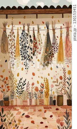 In a cozy autumn atmosphere, dried lavender and oregano are elegantly tied with twine, hanging from a weathered wooden rack surrounded by warm fall colors 130153451