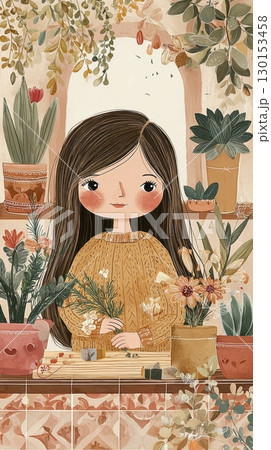 In a cozy autumn setting, a woman in a knitted cardigan carefully places freshly cut dill and parsley on a wooden drying rack surrounded by greenery and home plants 130153458