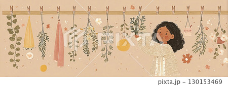 In a serene autumn environment, a woman dressed in a cozy knitted cardigan tends to freshly cut dill and parsley on a wooden drying rack surrounded by blooming plants, banner 130153469
