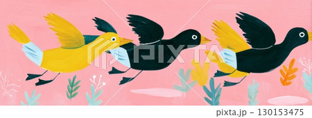 In the early morning light, geese glide just above a mist-covered lake. The autumn landscape is filled with vibrant colors, creating a peaceful, tranquil atmosphere 130153475