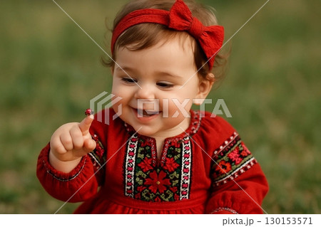 Adorable Baby Girl in Traditional Ukrainian Dress with Ladybug 130153571