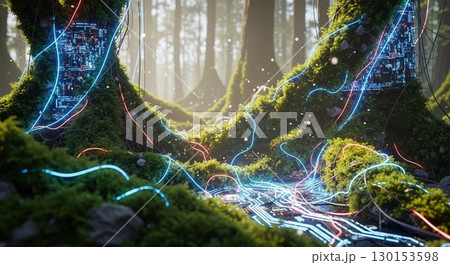 苔むす森と融合するサイバー回路の幻想風景 苔むす森と融合するサイバー回路の幻想風景 130153598