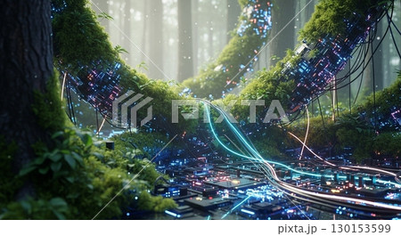 苔むす森と融合するサイバー回路の幻想風景 苔むす森と融合するサイバー回路の幻想風景 130153599