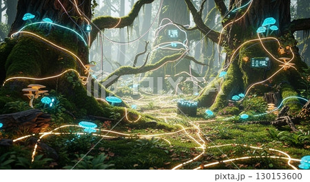 苔むす森と融合するサイバー回路の幻想風景 苔むす森と融合するサイバー回路の幻想風景 130153600