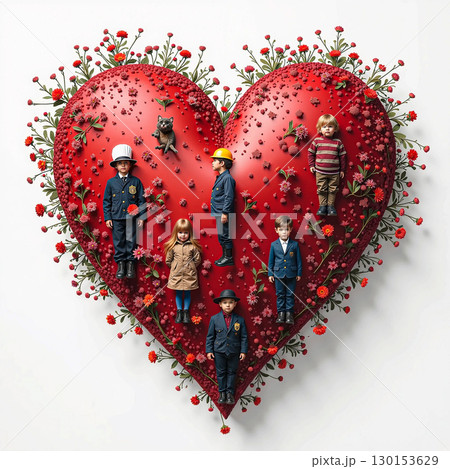 Children on a heart surrounded by flowers. A group of children dressed in various uniforms and a coat stand on a large red heart shape, which is adorned with small red flowers and greenery.  130153629