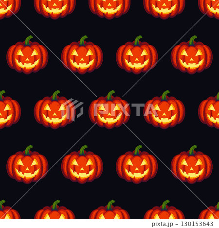 Seamless vector pattern with glowing Halloween pumpkins with faces on dark background in pixel art style. Seamless vector pattern with glowing Halloween pumpkins with faces on dark background in pixel art style. 130153643