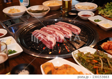 Korean BBQ. Charcoal grilled pork belly 130153663