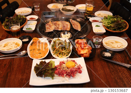 Korean BBQ. Charcoal grilled pork belly 130153687