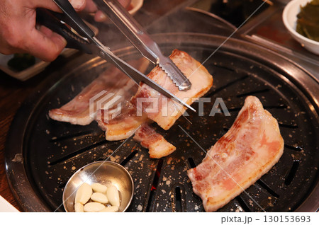 Korean BBQ. Charcoal grilled pork belly 130153693