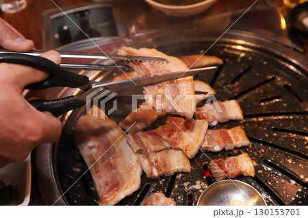 Korean BBQ. Charcoal grilled pork belly Korean BBQ. Charcoal grilled pork belly 130153701