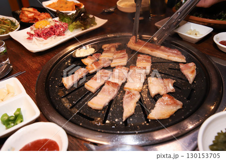 Korean BBQ. Charcoal grilled pork belly 130153705