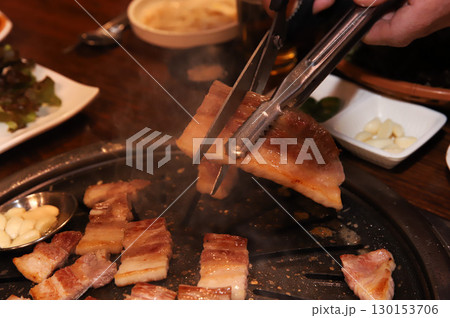 Korean BBQ. Charcoal grilled pork belly 130153706