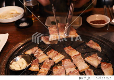Korean BBQ. Charcoal grilled pork belly 130153707