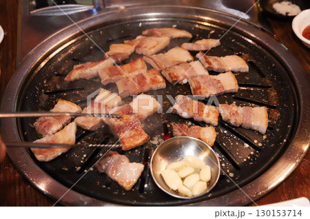 Korean BBQ. Charcoal grilled pork belly Korean BBQ. Charcoal grilled pork belly 130153714