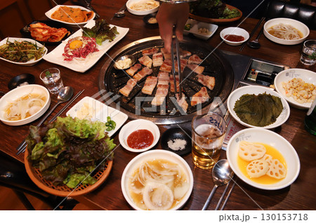 Korean BBQ. Charcoal grilled pork belly Korean BBQ. Charcoal grilled pork belly 130153718