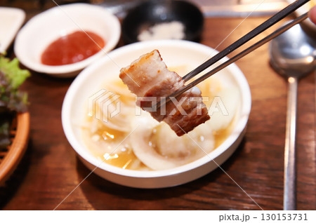 Korean BBQ. Charcoal grilled pork belly 130153731