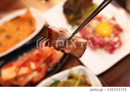 Korean BBQ. Charcoal grilled pork belly Korean BBQ. Charcoal grilled pork belly 130153735