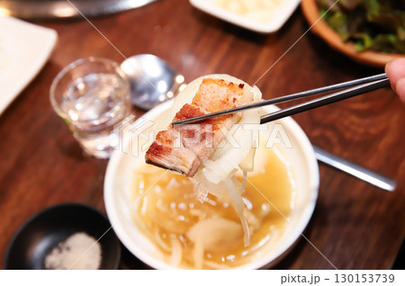 Korean BBQ. Charcoal grilled pork belly 130153739
