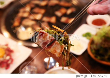 Korean BBQ. Charcoal grilled pork belly 130153740
