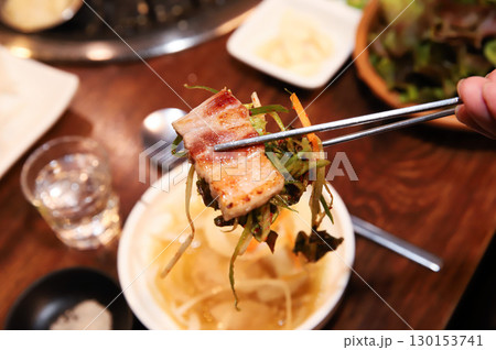 Korean BBQ. Charcoal grilled pork belly 130153741