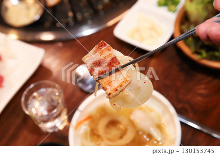 Korean BBQ. Charcoal grilled pork belly 130153745