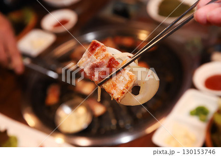 Korean BBQ. Charcoal grilled pork belly 130153746