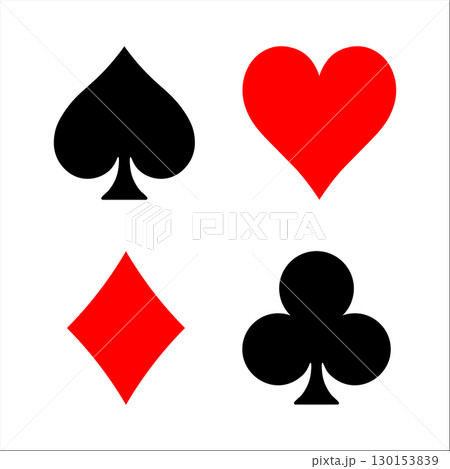 Four iconic poker suit symbols including spade, heart, diamond, and club are arranged neatly on a plain background, showcasing their design and vibrant colors. Casino gambling theme vector symbol. 130153839