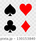 Four iconic poker suit symbols including spade, heart, diamond, and club are arranged neatly on a plain background, showcasing their design and vibrant colors. Casino gambling theme vector symbol. 130153840